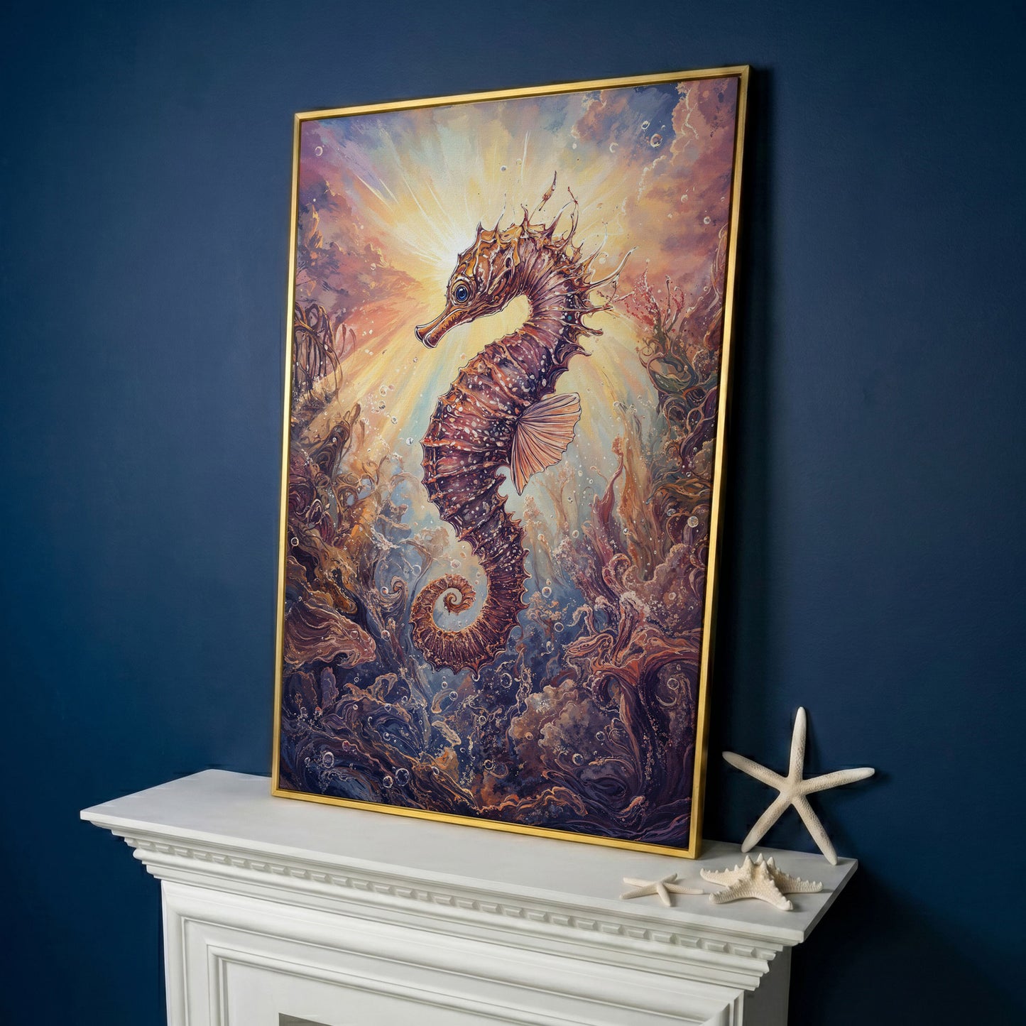 Seahorse Canvas Wall Art. Coral and Light Underwater Scene in yellow gold floating frame