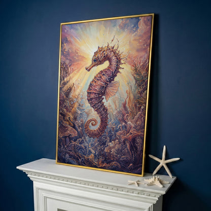 Seahorse Canvas Wall Art. Coral and Light Underwater Scene in yellow gold floating frame