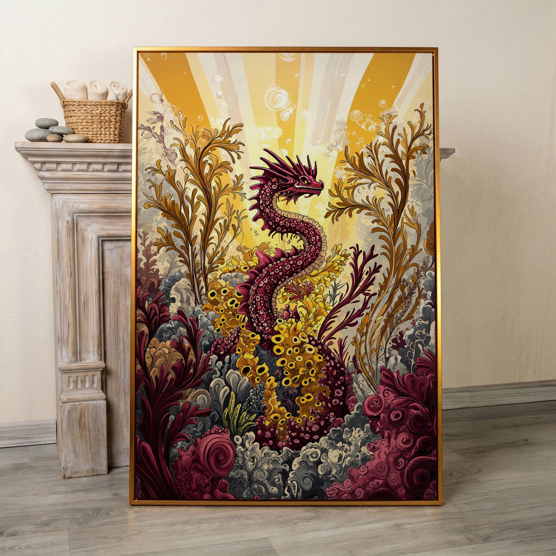 Sea Dragon Among Coral Canvas Art in antique gold floating frame