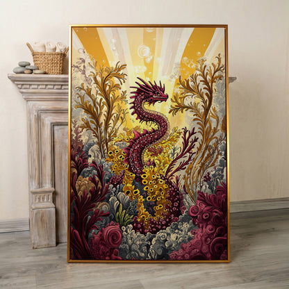 Sea Dragon Among Coral Canvas Art in antique gold floating frame