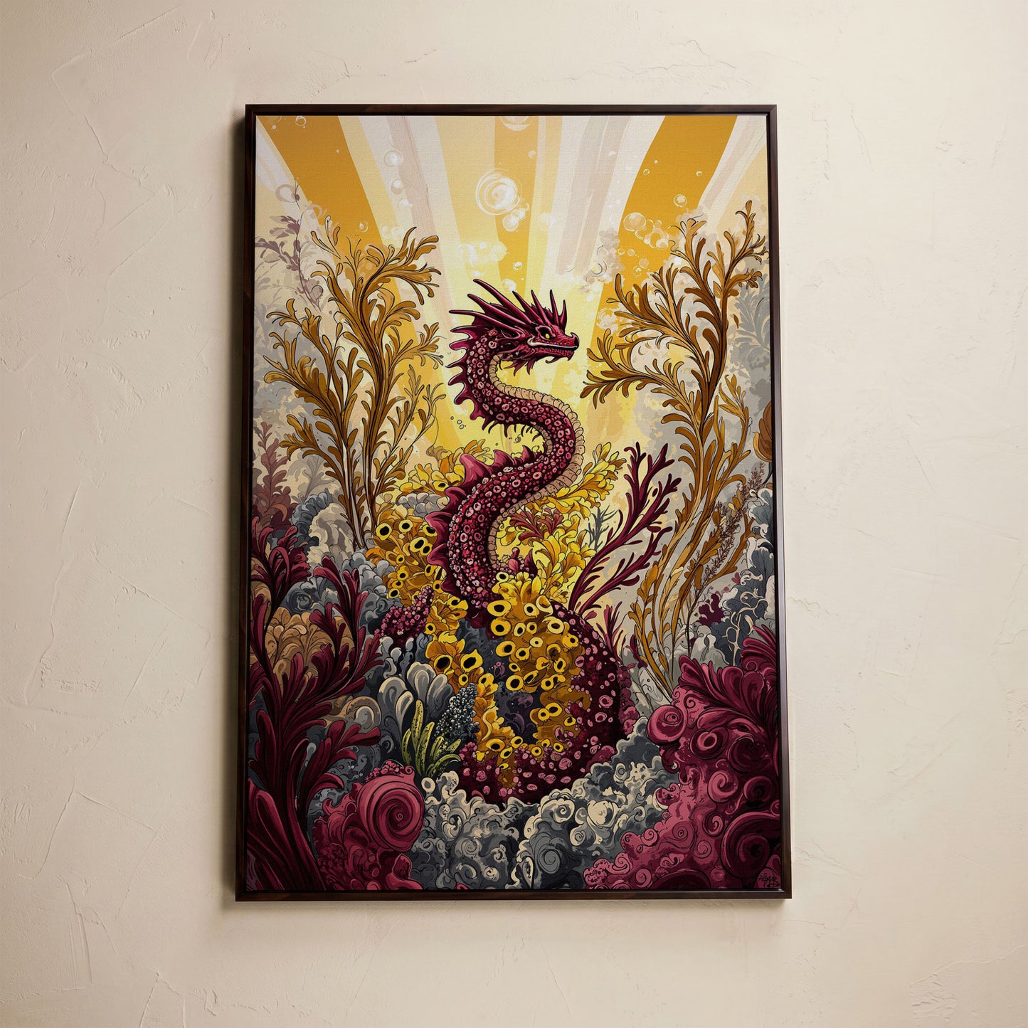 Sea Dragon Among Coral Canvas Art in dark walnut floating frame