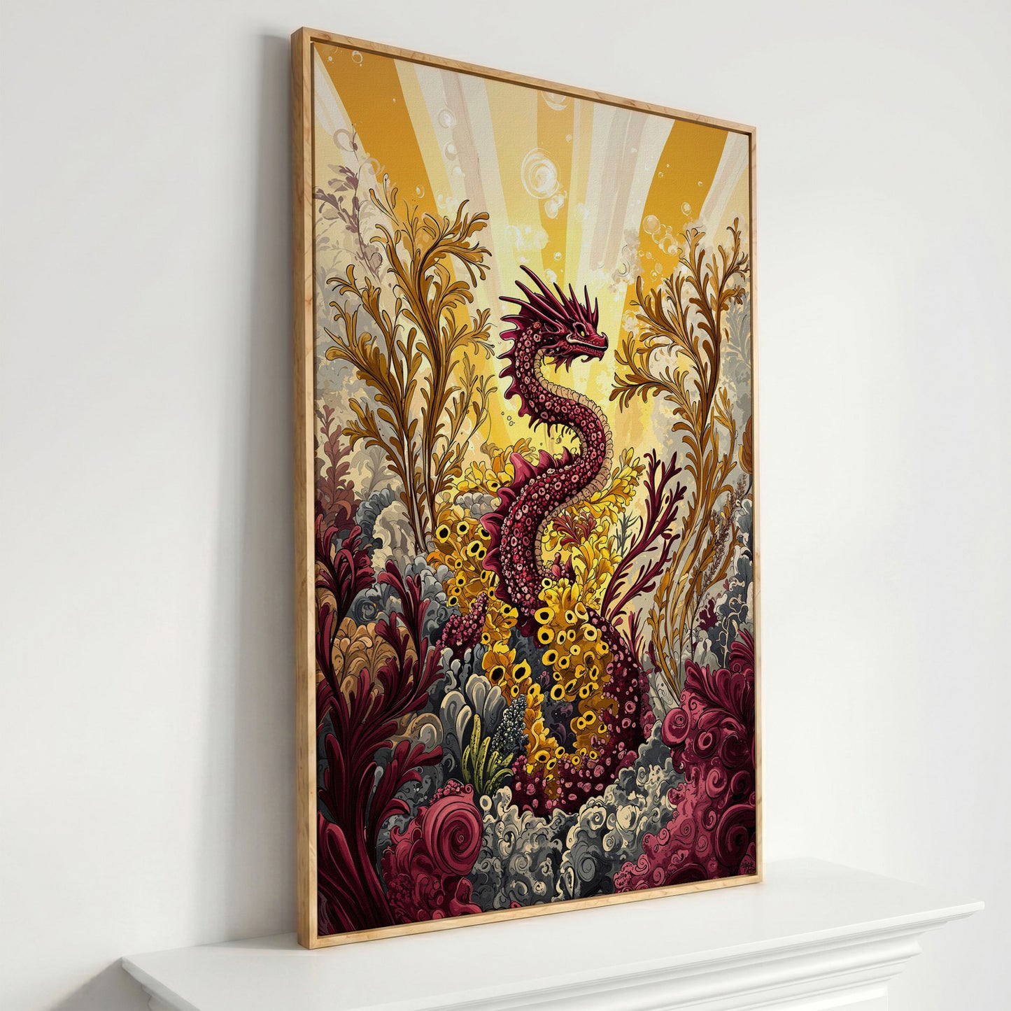 Sea Dragon Among Coral Canvas Art in white oak floating frame