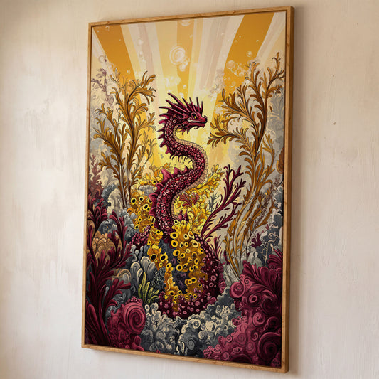 Sea Dragon Among Coral Canvas Art shown in white oak floating frame