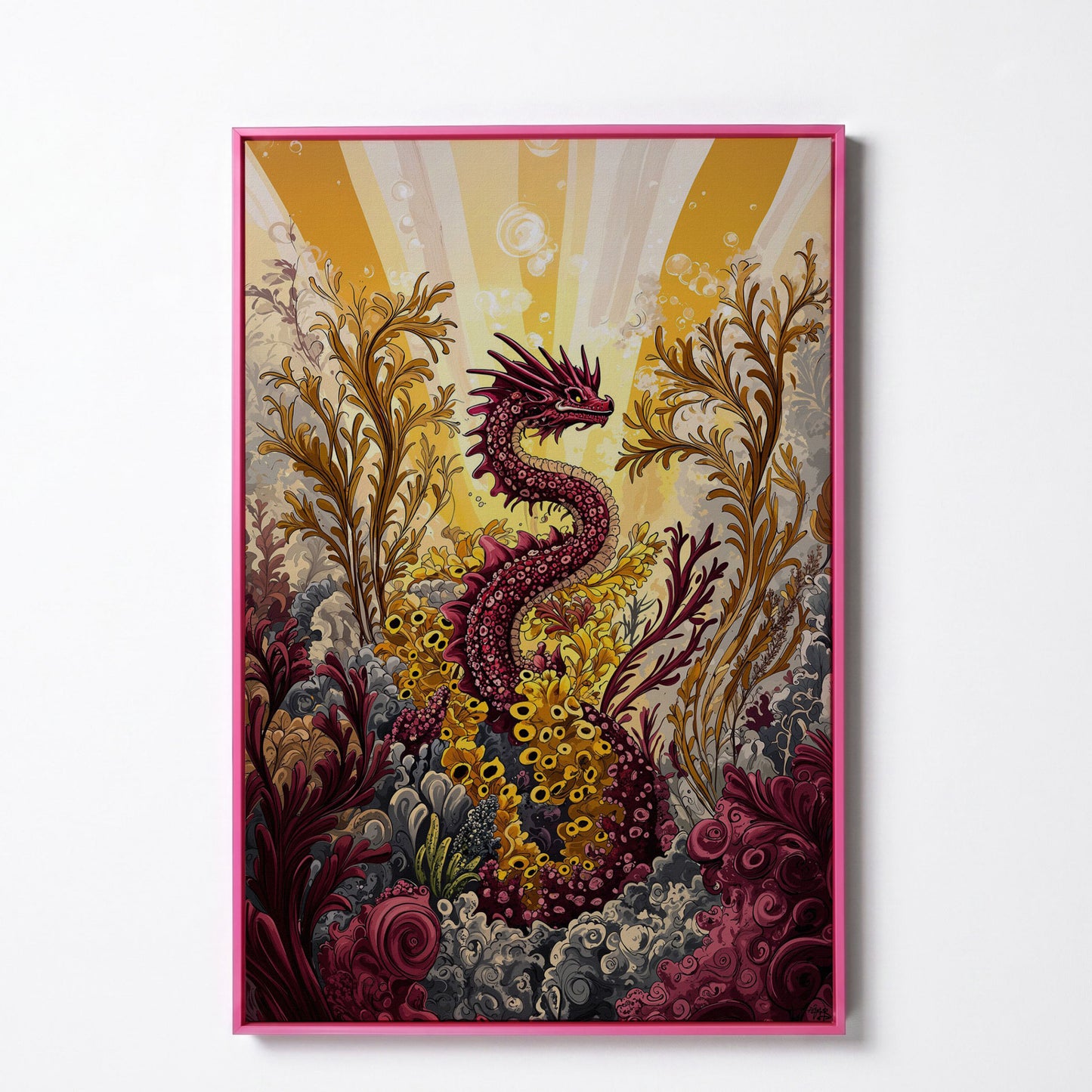 Sea Dragon Among Coral Canvas Art in pink floating frame