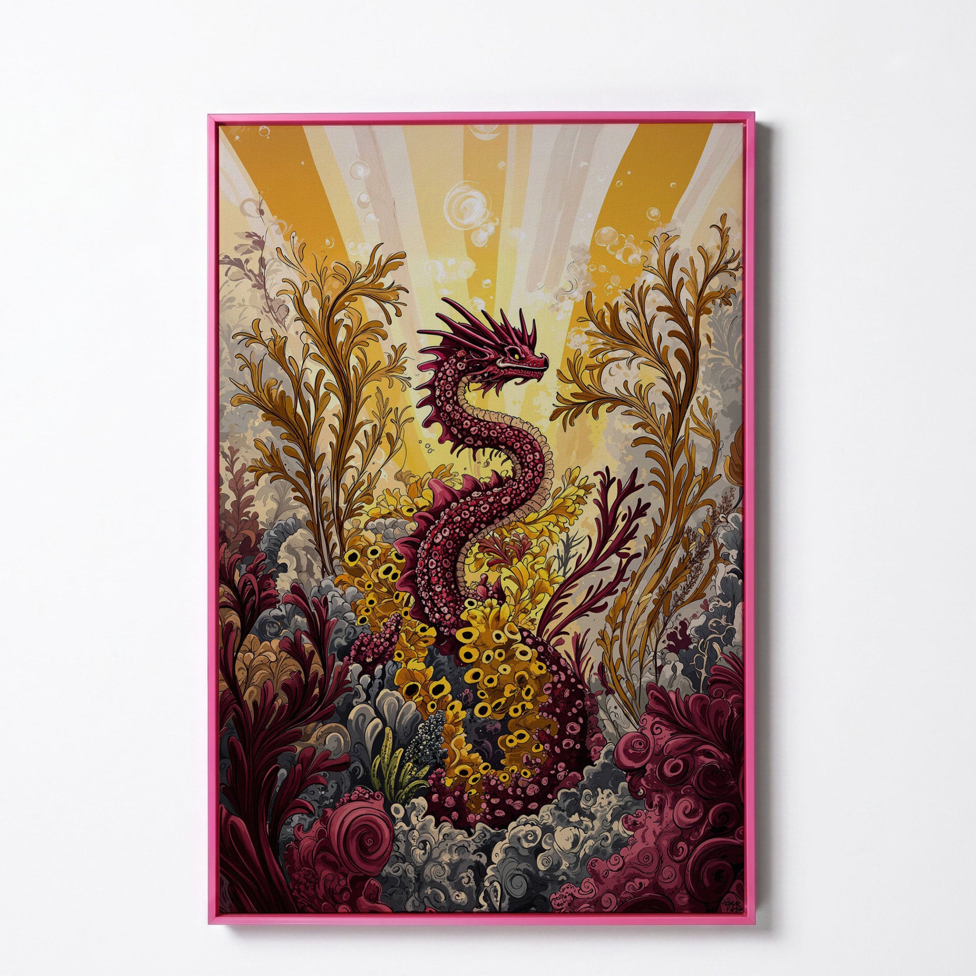 Sea Dragon Among Coral Canvas Art in pink floating frame
