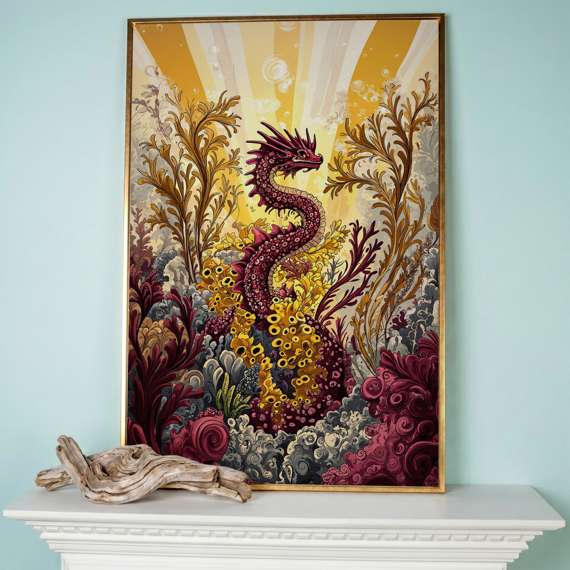 Sea Dragon Among Coral Canvas Art in rose gold floating frame