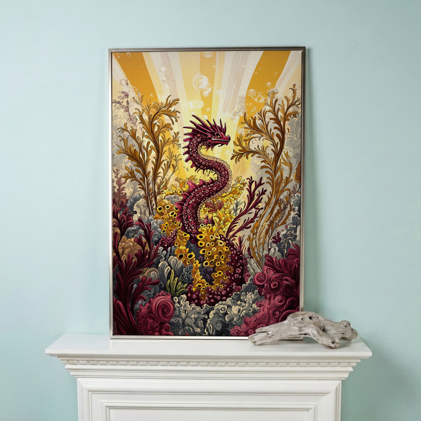 Sea Dragon Among Coral Canvas Art in silver floating frame