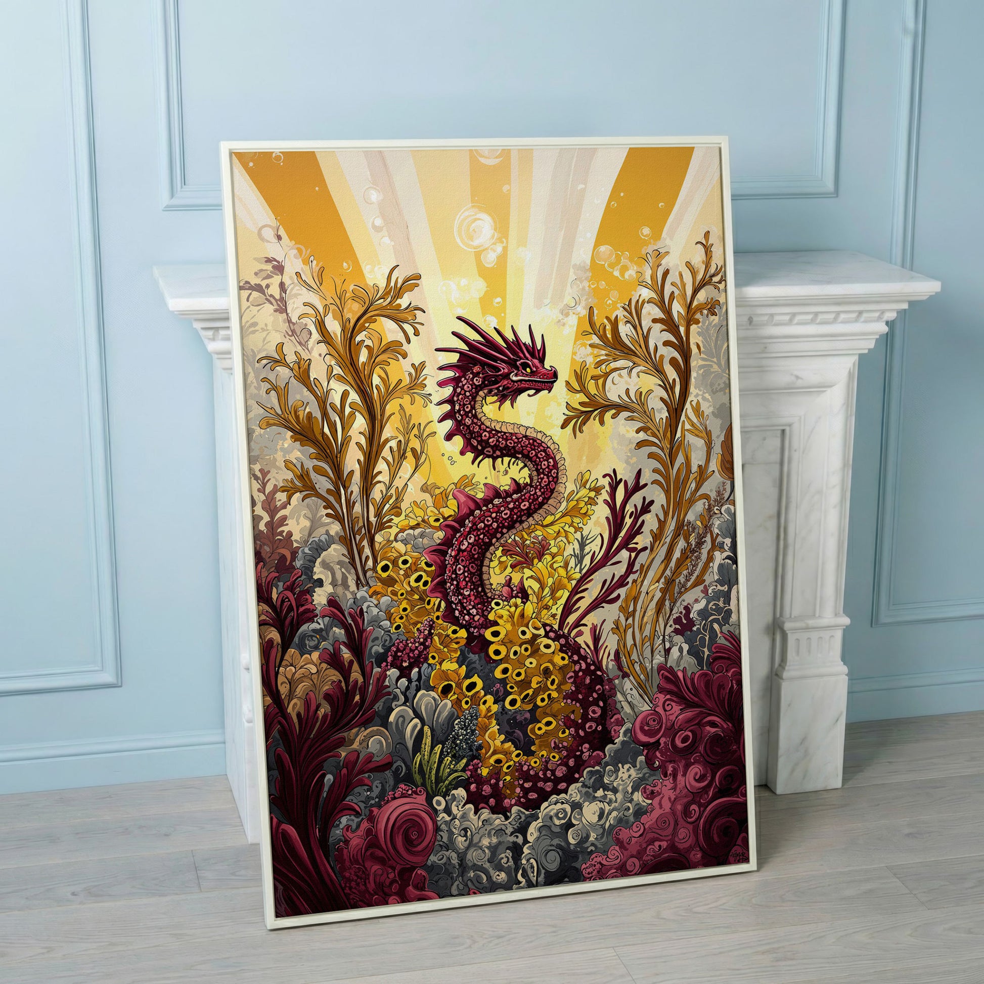 Sea Dragon Among Coral Canvas Art in white floating frame