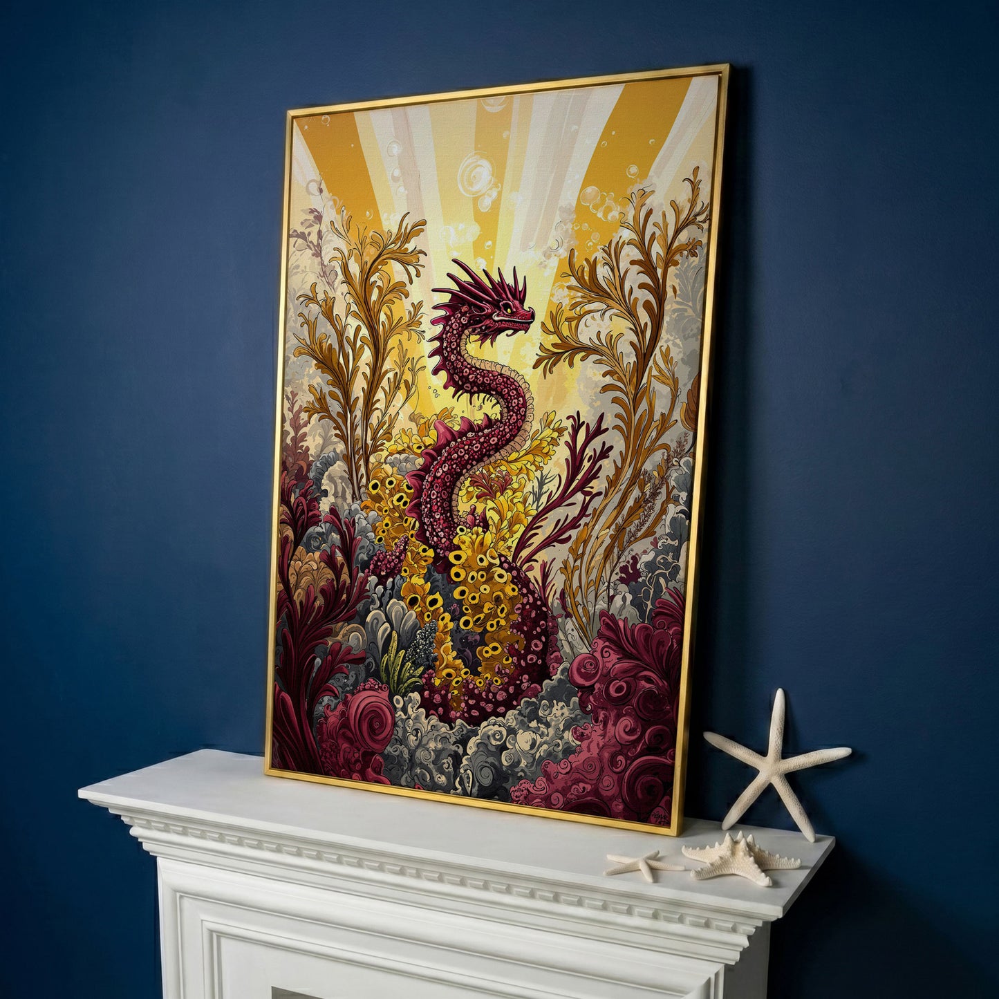 Sea Dragon Among Coral Canvas Art in yellow gold floating frame