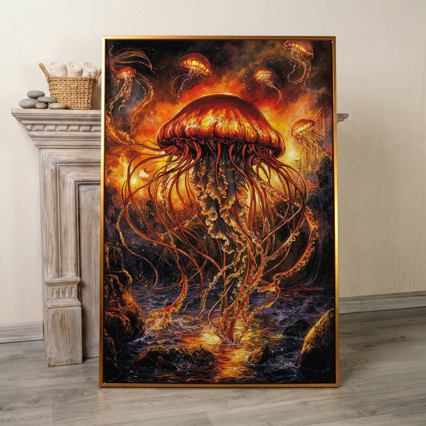 Jellyfish Ocean Canvas Art, Underwater Wall Art in Portrait in antique gold floating frame