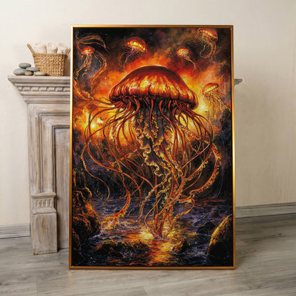 Jellyfish Ocean Canvas Art, Underwater Wall Art in Portrait in antique gold floating frame