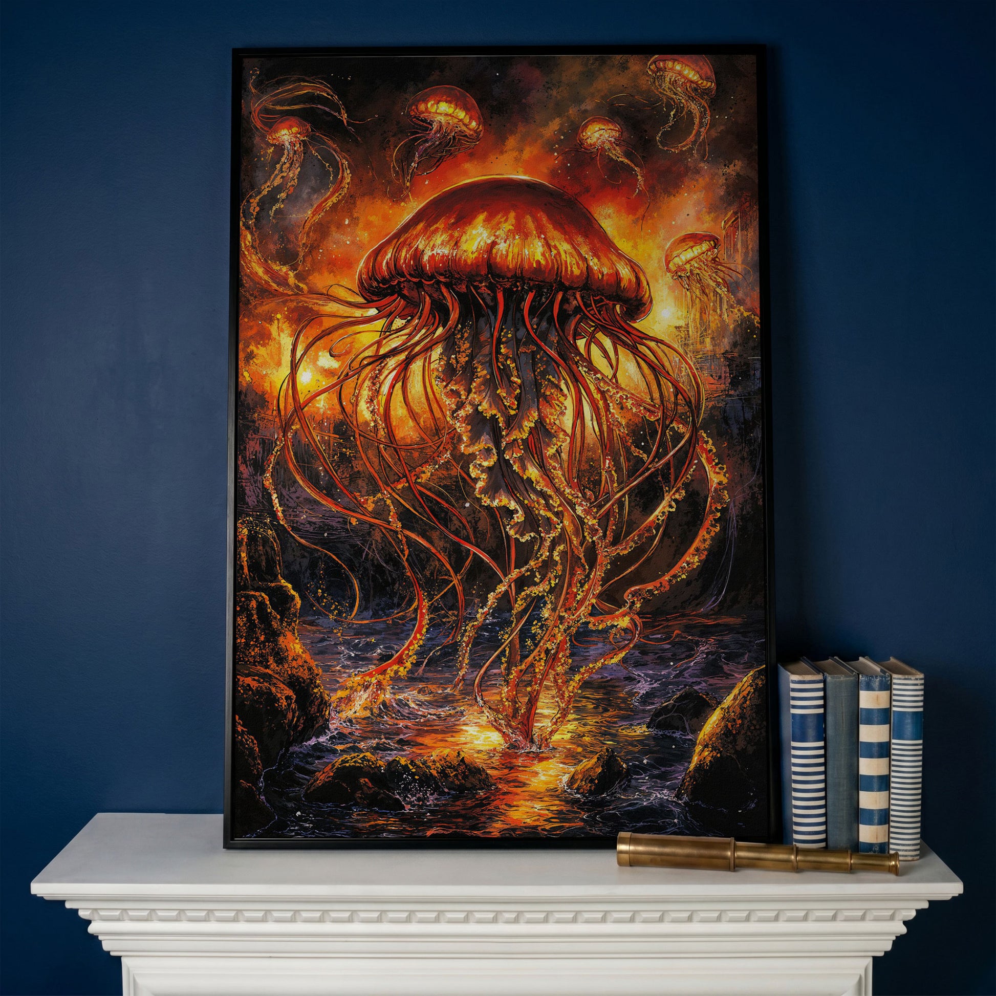 Jellyfish Ocean Canvas Art, Underwater Wall Art in Portrait in black floating frame