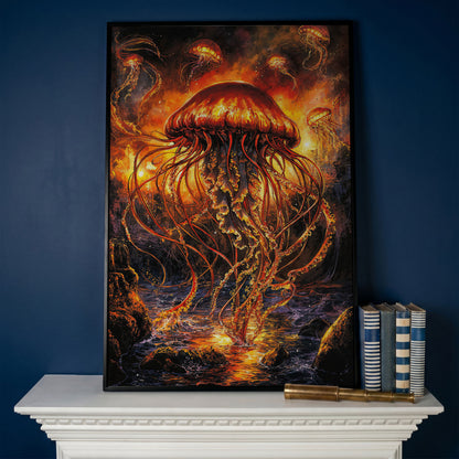 Jellyfish Ocean Canvas Art, Underwater Wall Art in Portrait in black floating frame