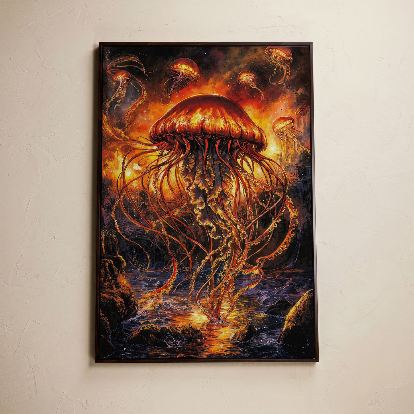 Jellyfish Ocean Canvas Art, Underwater Wall Art in Portrait in dark walnut floating frame