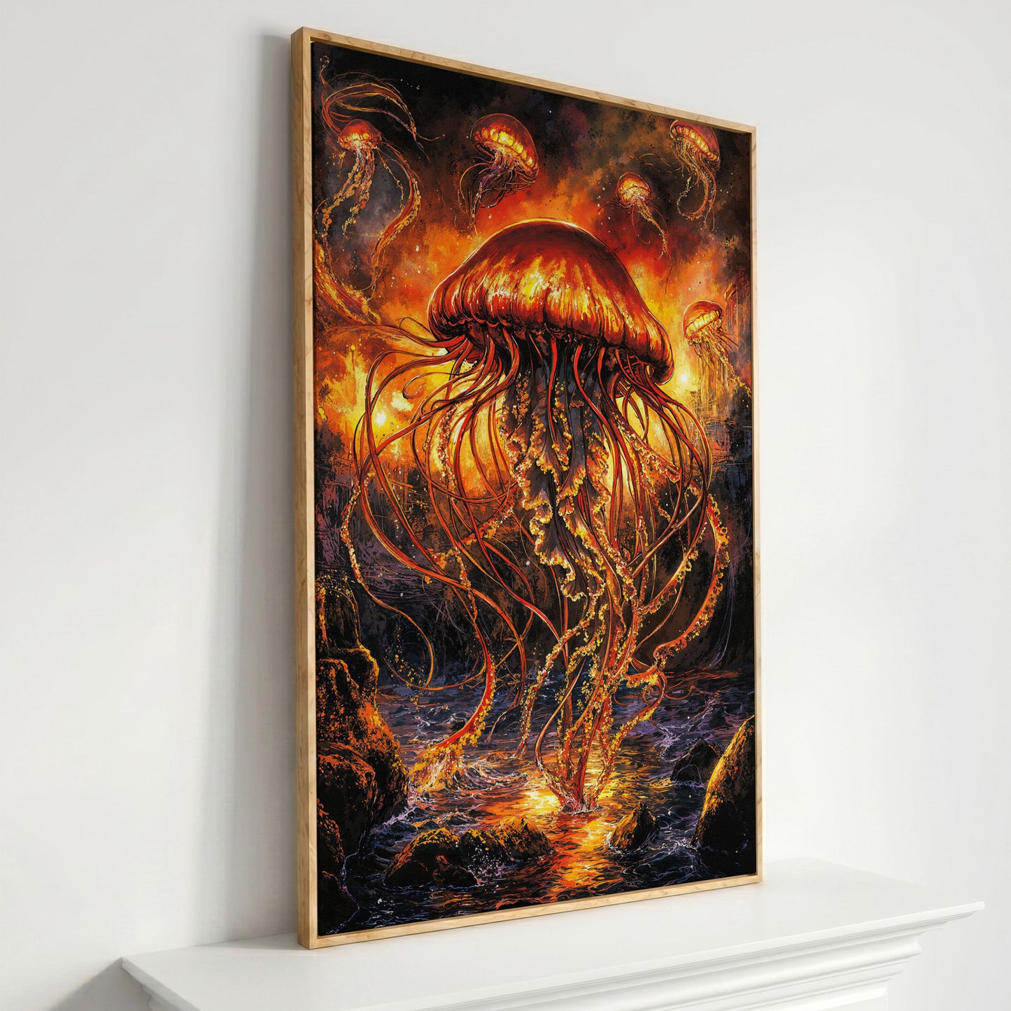 Jellyfish Ocean Canvas Art, Underwater Wall Art in Portrait in white oak floating frame