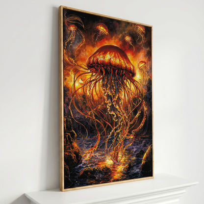 Jellyfish Ocean Canvas Art, Underwater Wall Art in Portrait in white oak floating frame