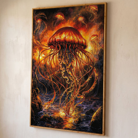 Jellyfish Ocean Canvas Art, Underwater Wall Art in Portrait shown in white oak floating frame
