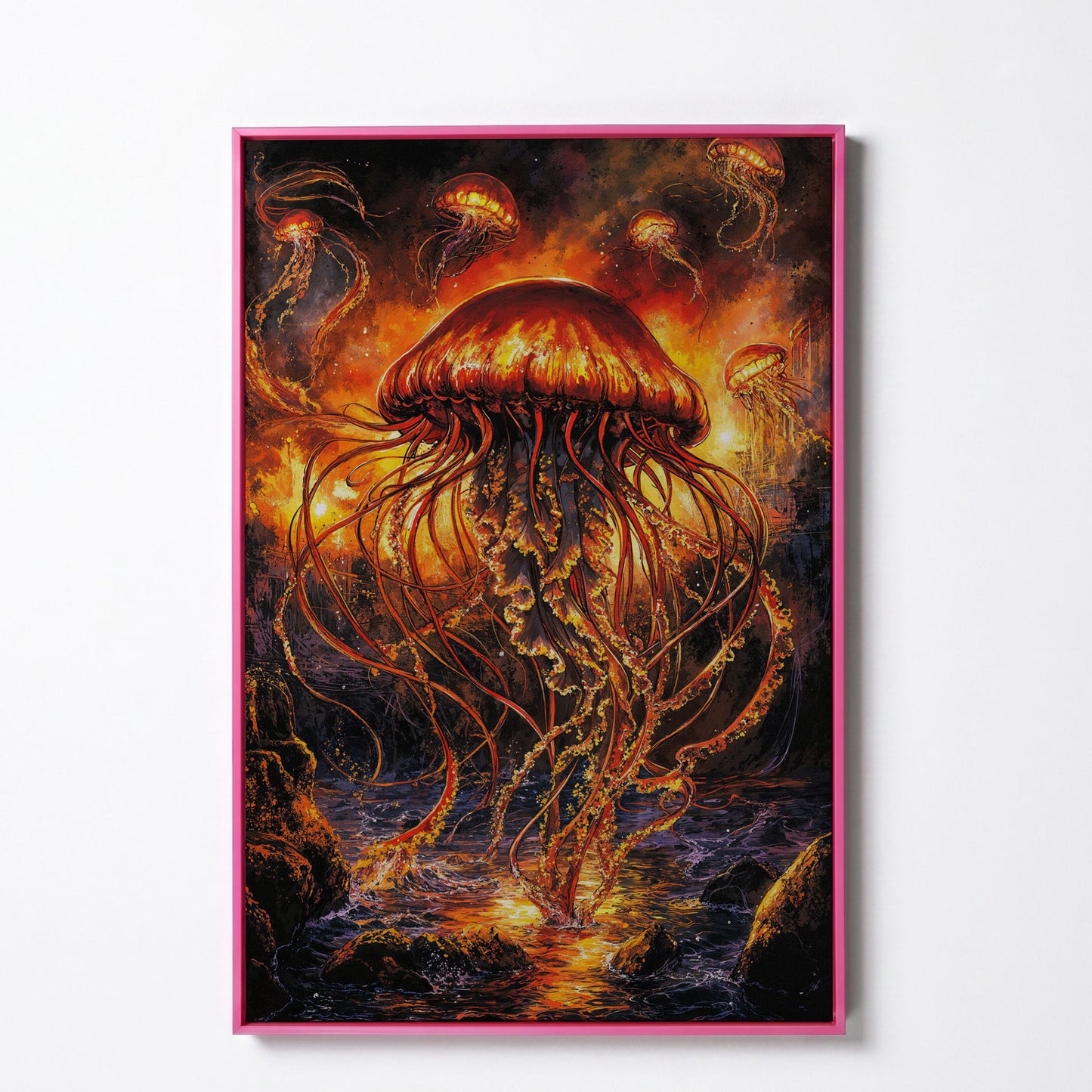Jellyfish Ocean Canvas Art, Underwater Wall Art in Portrait in pink floating frame