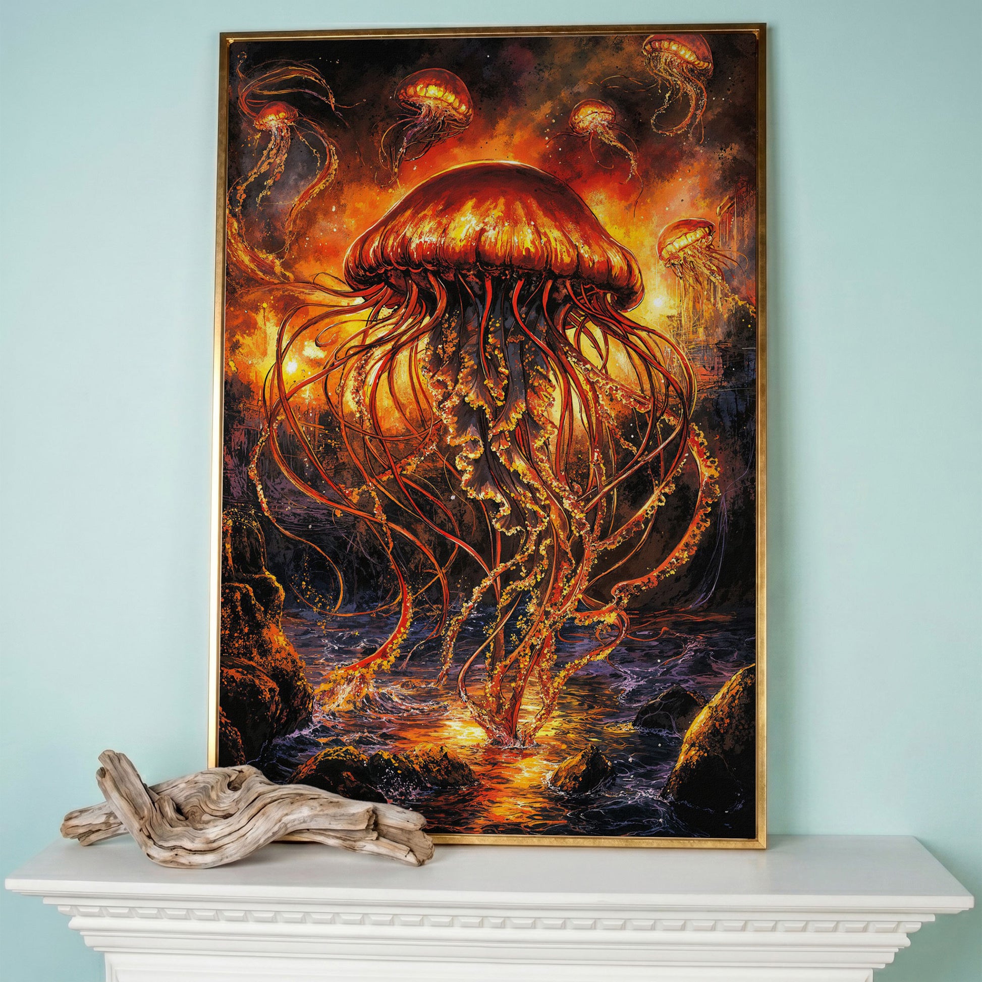Jellyfish Ocean Canvas Art, Underwater Wall Art in Portrait in rose gold floating frame