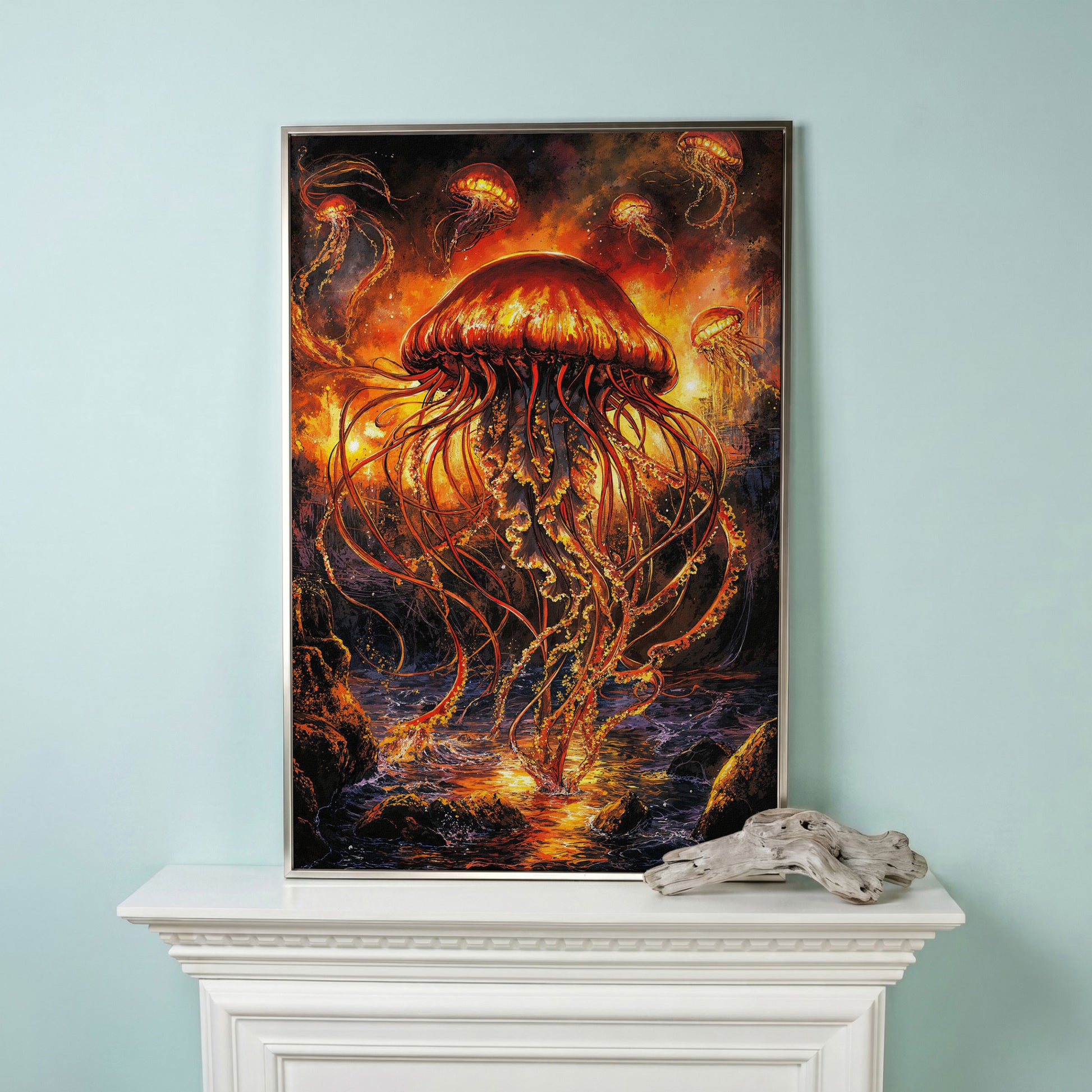 Jellyfish Ocean Canvas Art, Underwater Wall Art in Portrait in silver floating frame