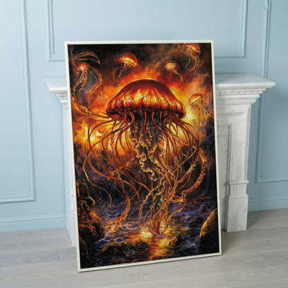 Jellyfish Ocean Canvas Art, Underwater Wall Art in Portrait in white floating frame