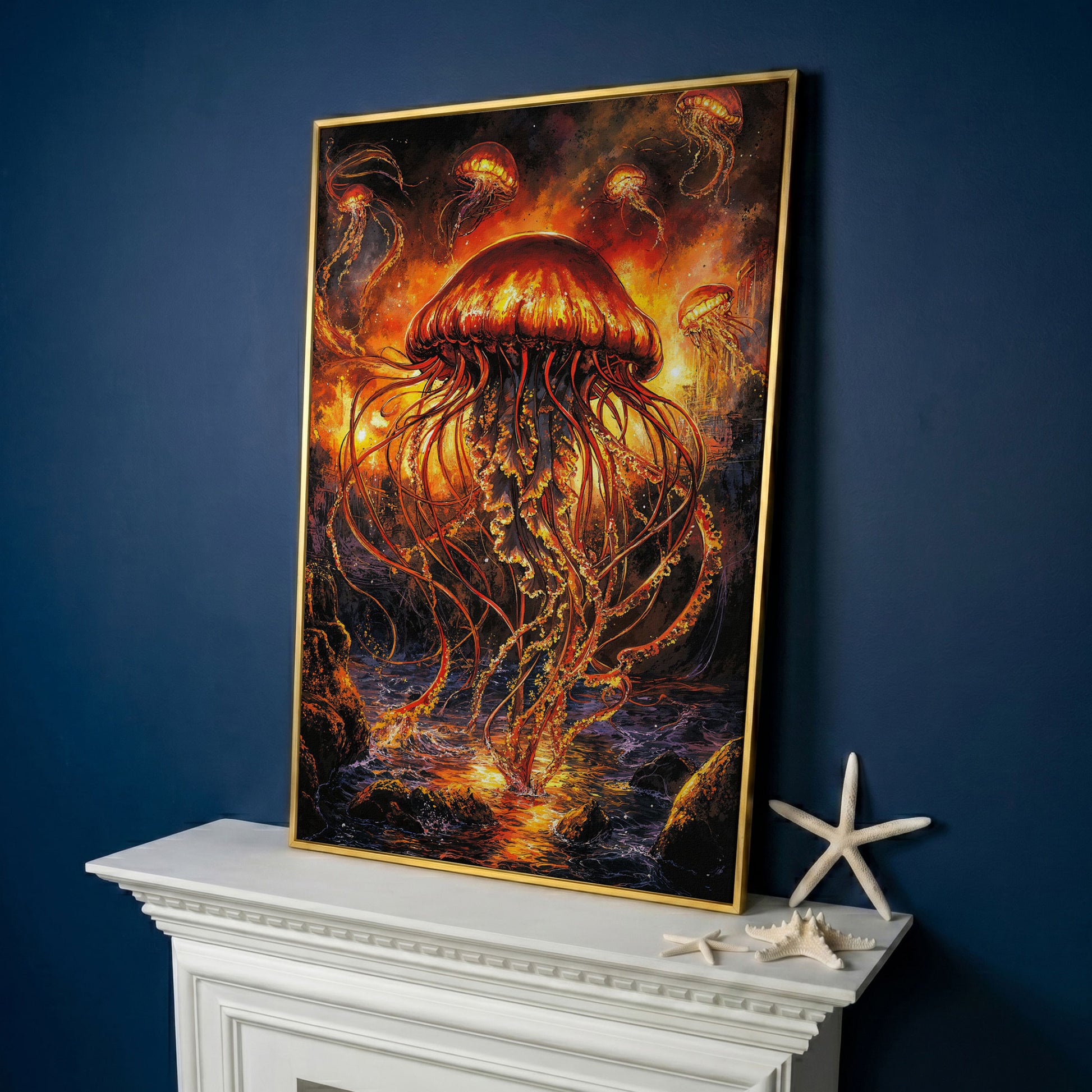 Jellyfish Ocean Canvas Art, Underwater Wall Art in Portrait in yellow gold floating frame