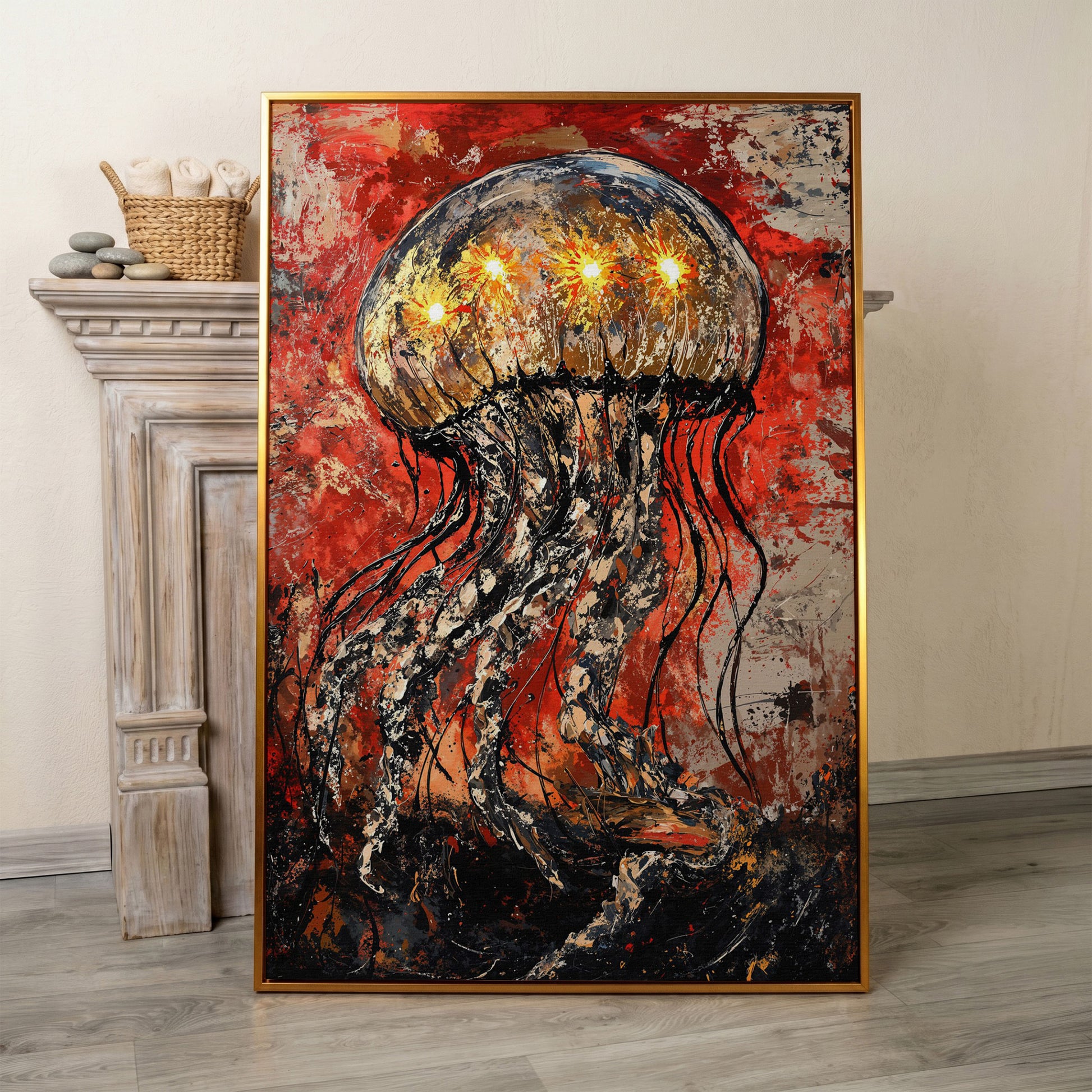 Abstract Jellyfish Canvas Art, Vibrant Ocean Life Wall Print in antique gold floating frame