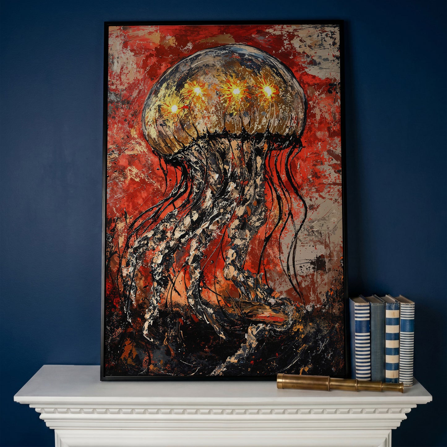 Abstract Jellyfish Canvas Art, Vibrant Ocean Life Wall Print in black floating frame