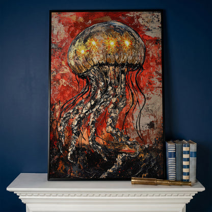 Abstract Jellyfish Canvas Art, Vibrant Ocean Life Wall Print in black floating frame