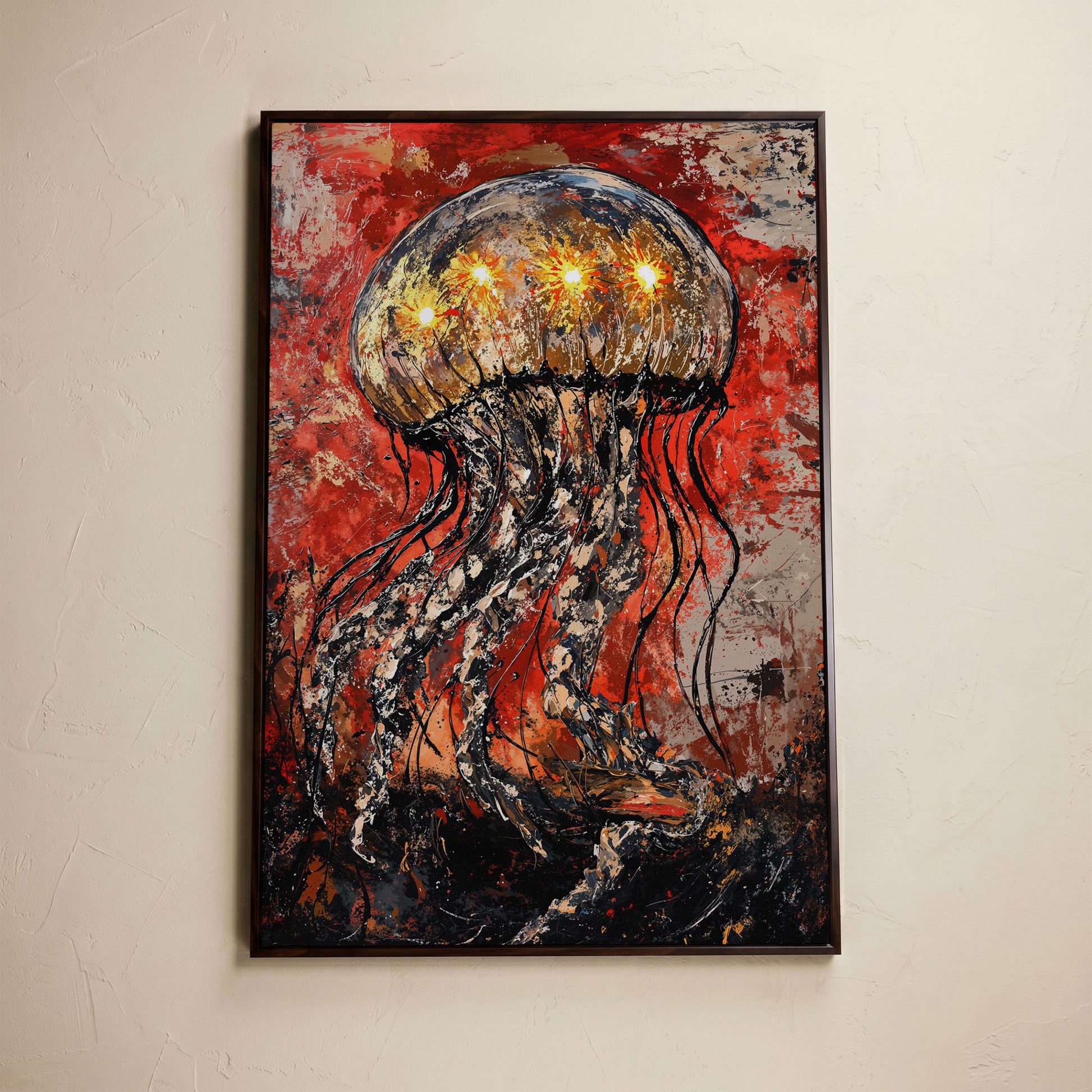 Abstract Jellyfish Canvas Art, Vibrant Ocean Life Wall Print in dark walnut floating frame