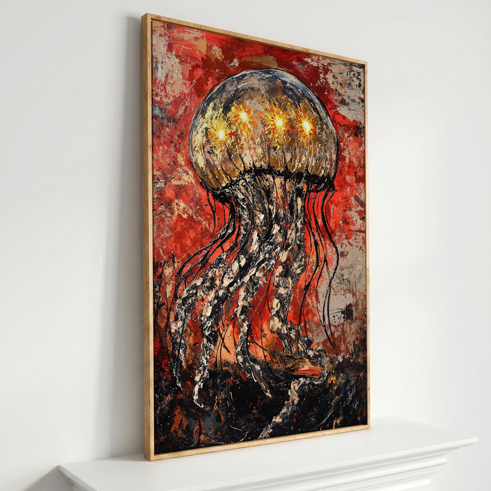 Abstract Jellyfish Canvas Art, Vibrant Ocean Life Wall Print in white oak floating frame