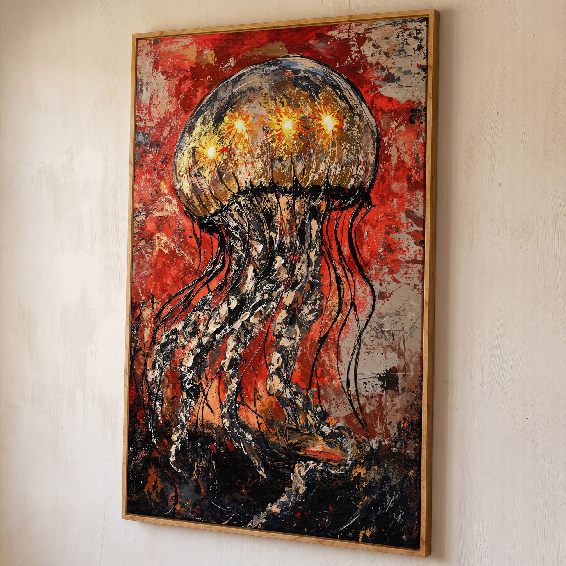 Abstract Jellyfish Canvas Art, Vibrant Ocean Life Wall Print shown in white oak floating frame