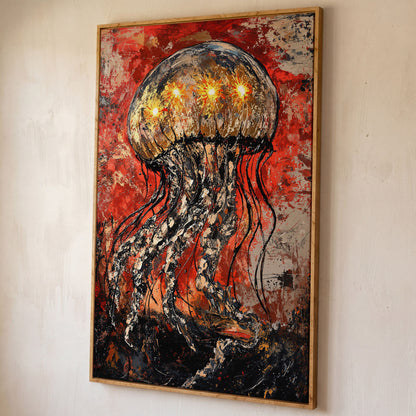 Abstract Jellyfish Canvas Art, Vibrant Ocean Life Wall Print shown in white oak floating frame