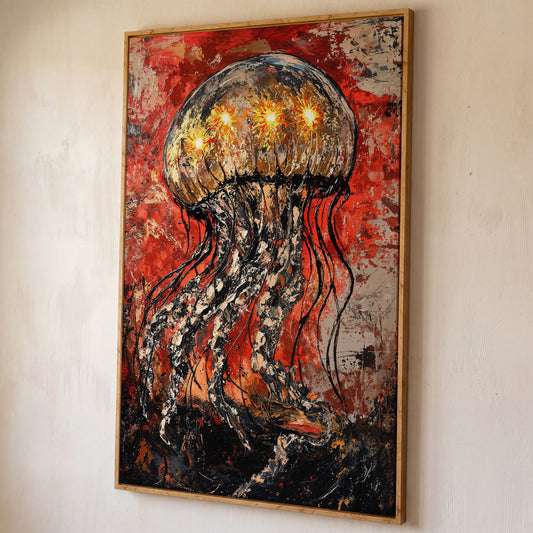 Abstract Jellyfish Canvas Art, Vibrant Ocean Life Wall Print shown in white oak floating frame
