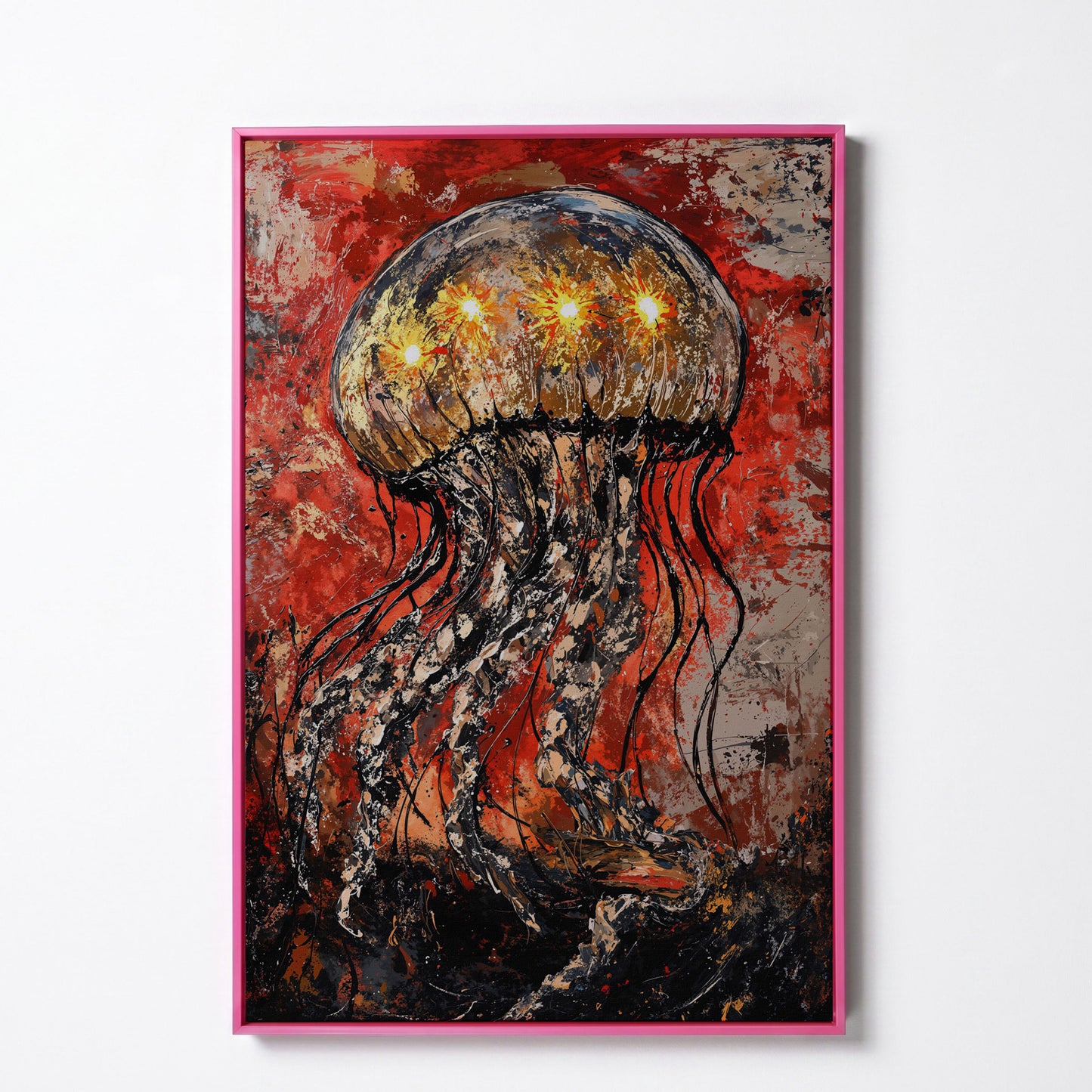 Abstract Jellyfish Canvas Art, Vibrant Ocean Life Wall Print in pink floating frame
