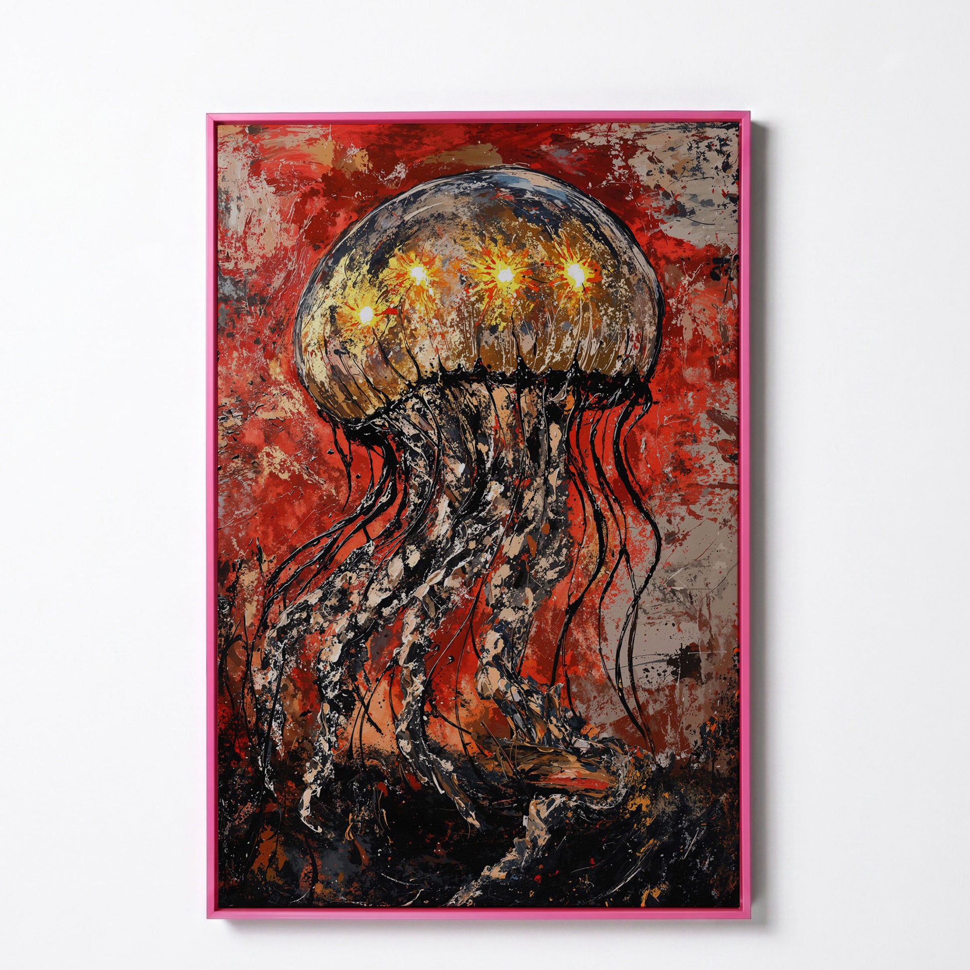 Abstract Jellyfish Canvas Art, Vibrant Ocean Life Wall Print in pink floating frame