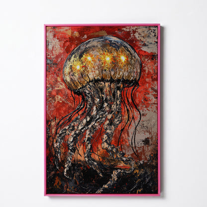 Abstract Jellyfish Canvas Art, Vibrant Ocean Life Wall Print in pink floating frame