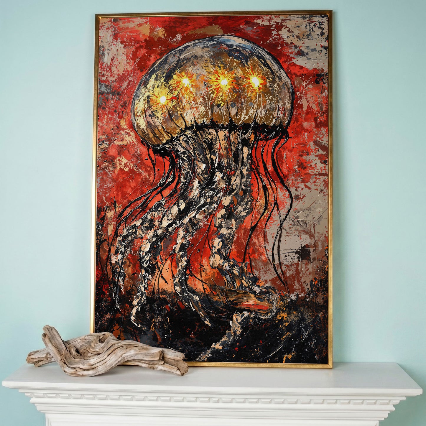 Abstract Jellyfish Canvas Art, Vibrant Ocean Life Wall Print in rose gold floating frame