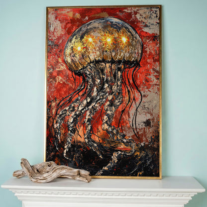 Abstract Jellyfish Canvas Art, Vibrant Ocean Life Wall Print in rose gold floating frame