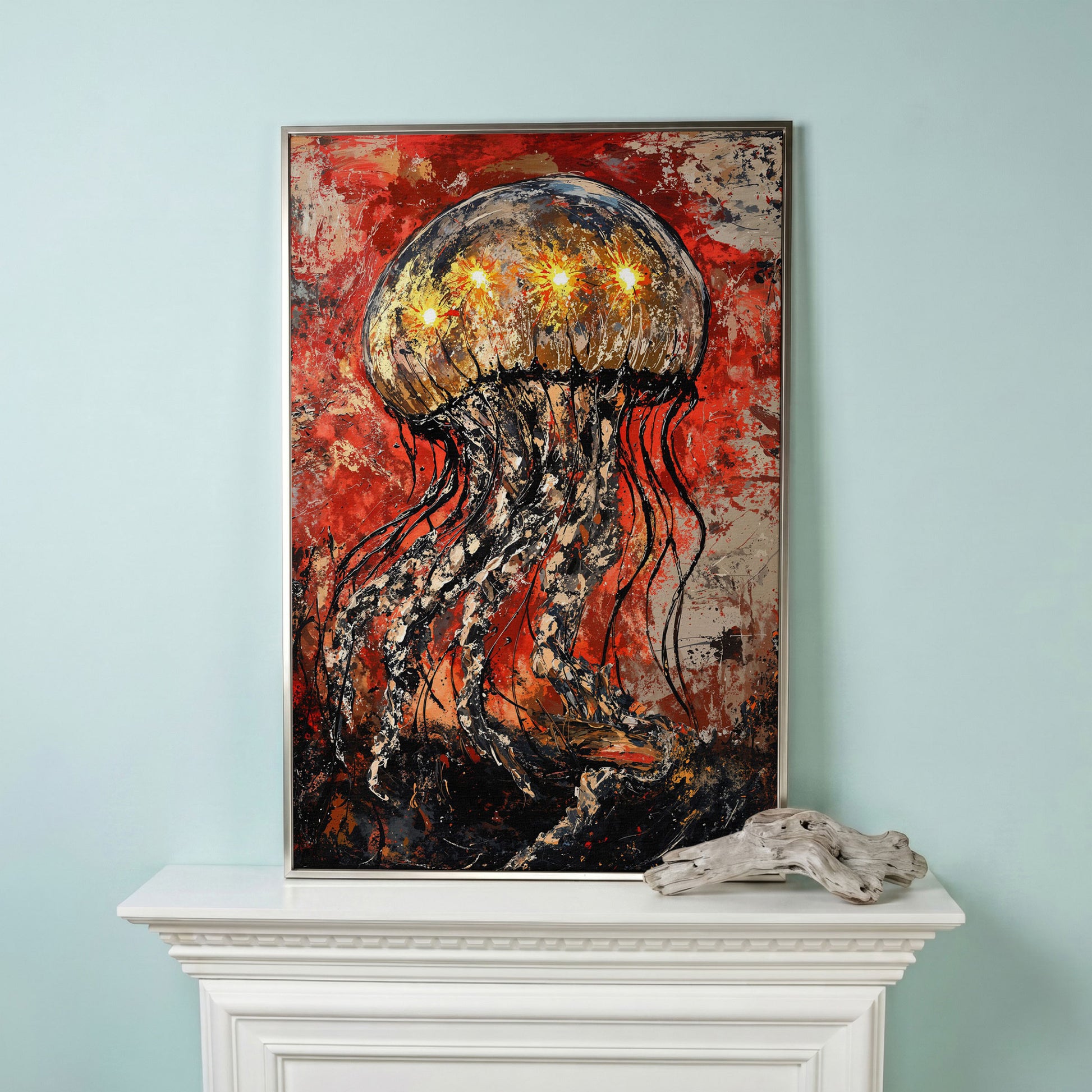 Abstract Jellyfish Canvas Art, Vibrant Ocean Life Wall Print in silver floating frame
