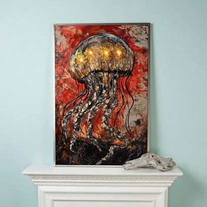 Abstract Jellyfish Canvas Art, Vibrant Ocean Life Wall Print in silver floating frame