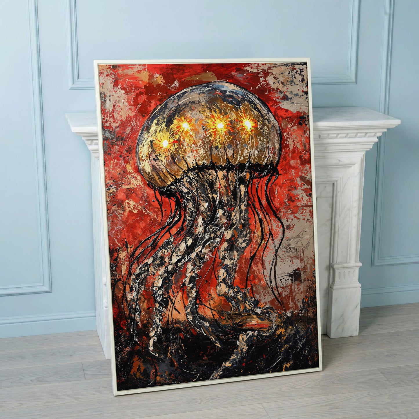 Abstract Jellyfish Canvas Art, Vibrant Ocean Life Wall Print in white floating frame