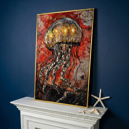 Abstract Jellyfish Canvas Art, Vibrant Ocean Life Wall Print in yellow gold floating frame