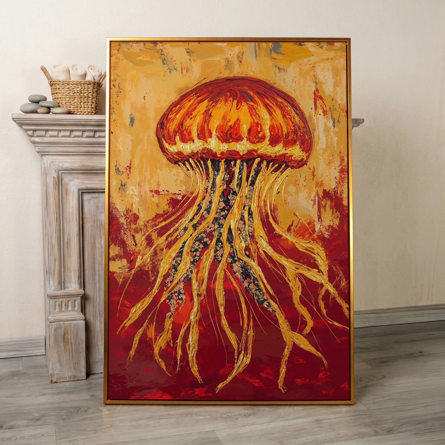 Abstract Jellyfish Canvas Art, Ocean Life Wall Print in antique gold floating frame