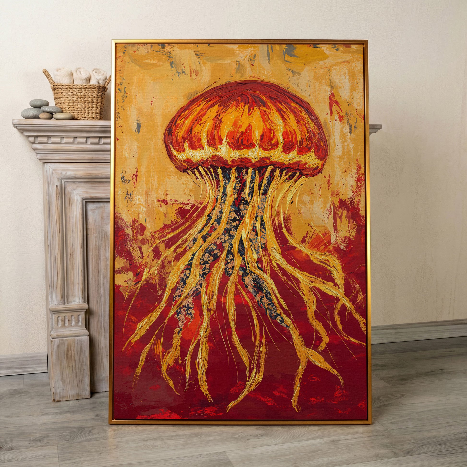 Abstract Jellyfish Canvas Art, Ocean Life Wall Print in antique gold floating frame