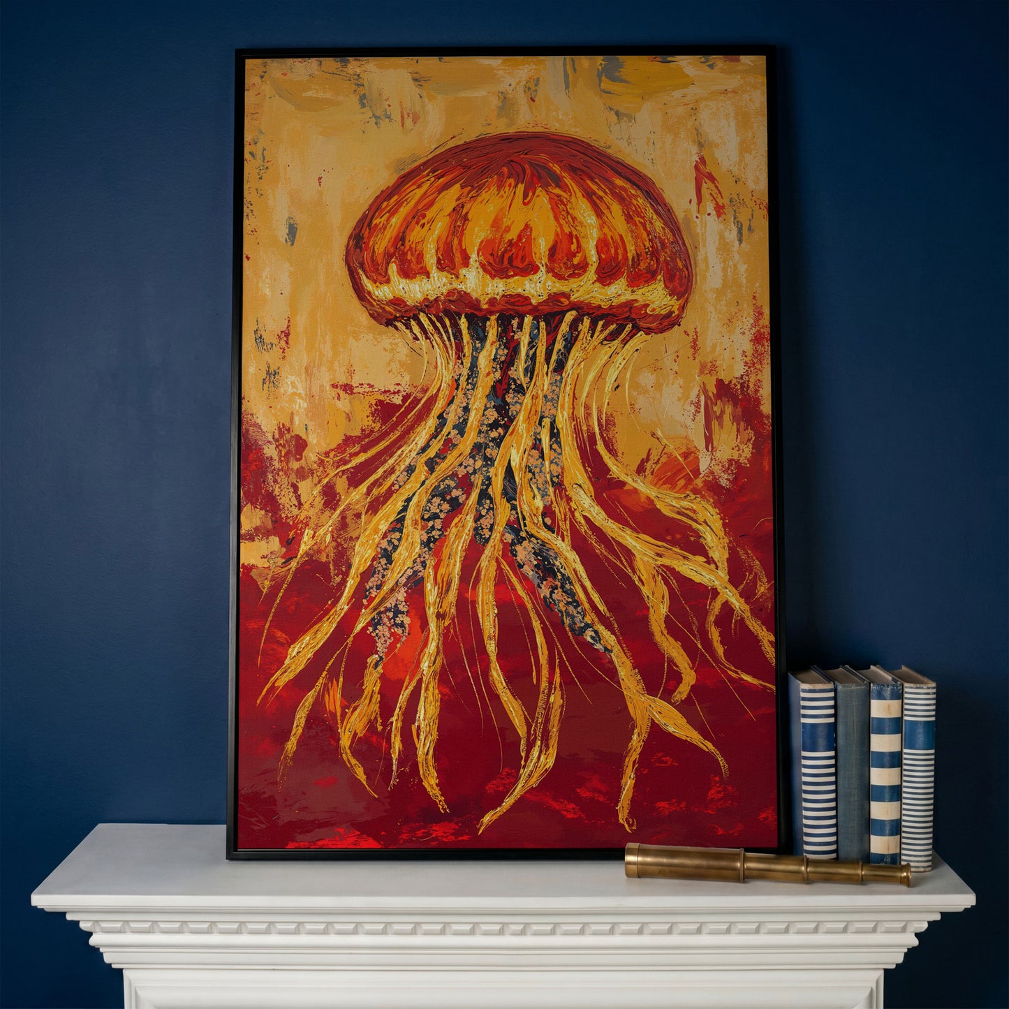 Abstract Jellyfish Canvas Art, Ocean Life Wall Print in black floating frame