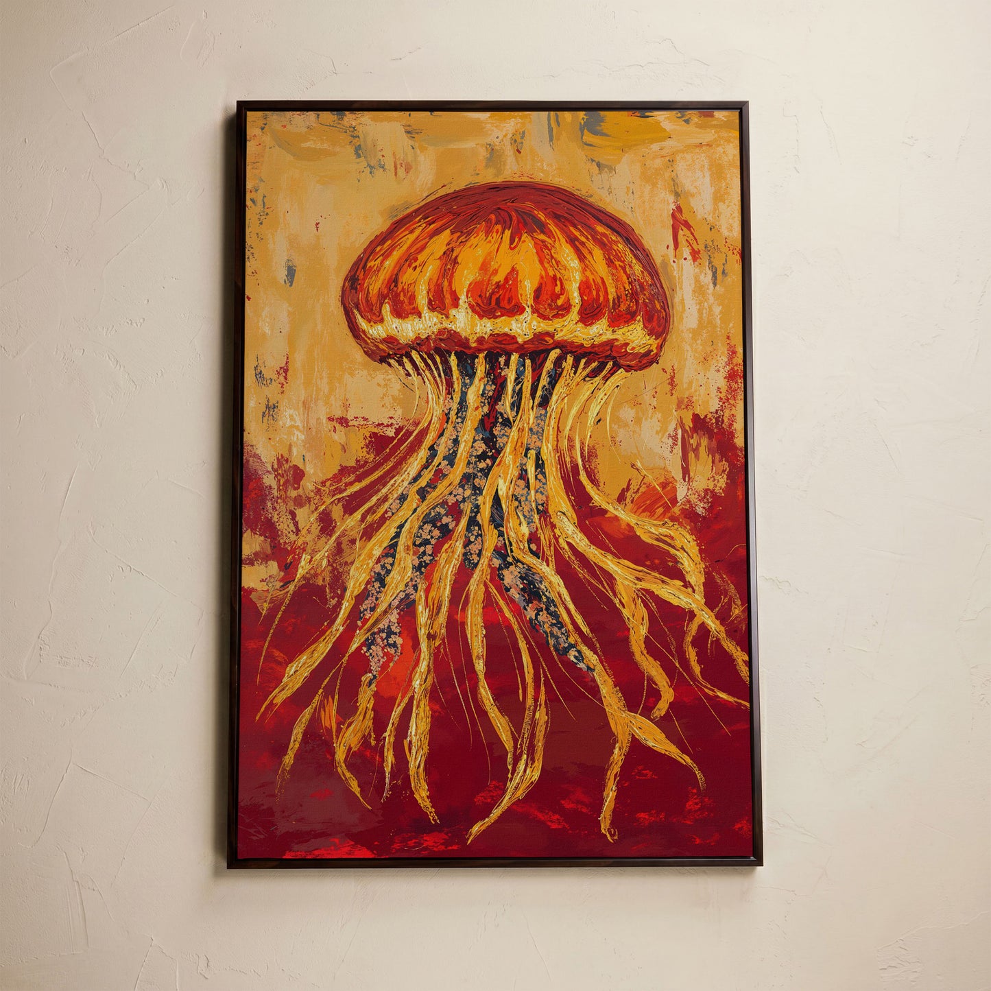 Abstract Jellyfish Canvas Art, Ocean Life Wall Print in dark walnut floating frame
