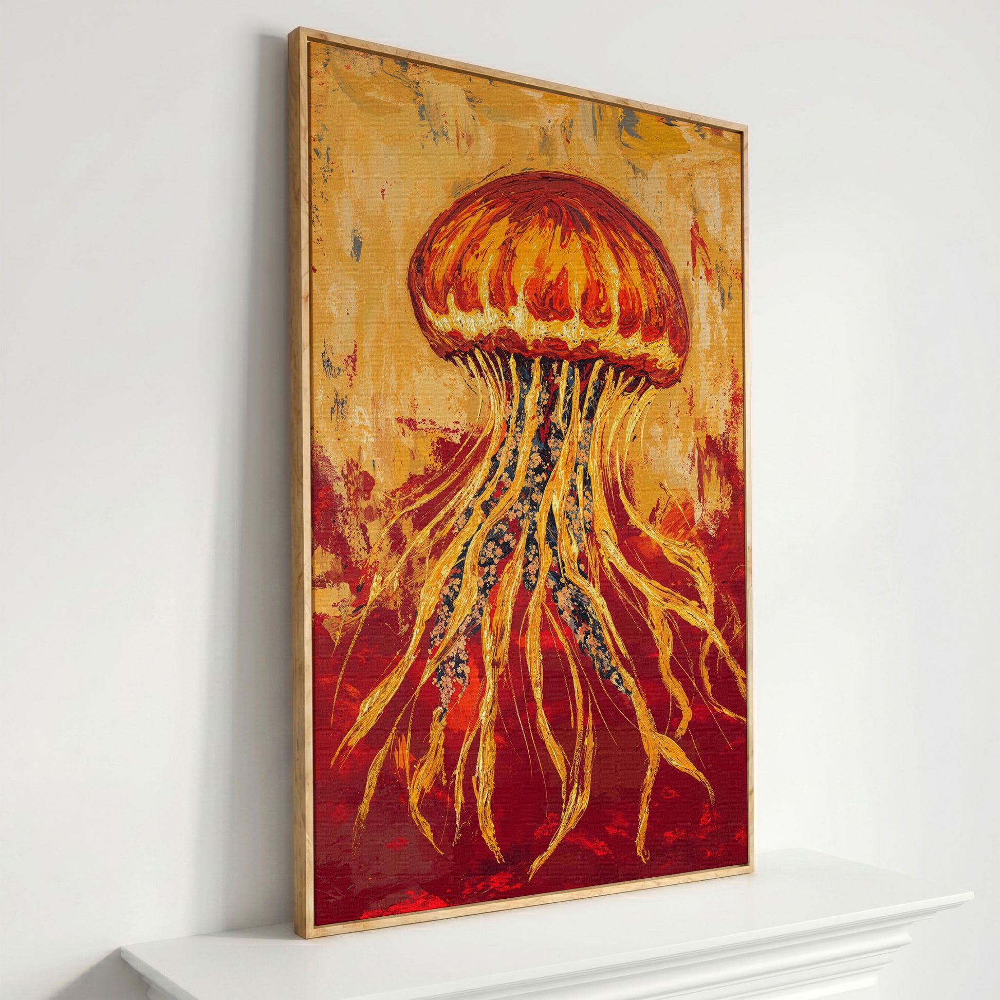 Abstract Jellyfish Canvas Art, Ocean Life Wall Print in white oak floating frame