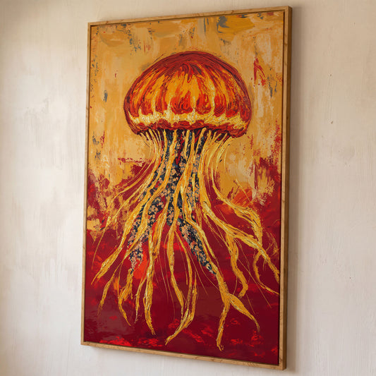Abstract Jellyfish Canvas Art, Ocean Life Wall Print shown in white oak floating frame