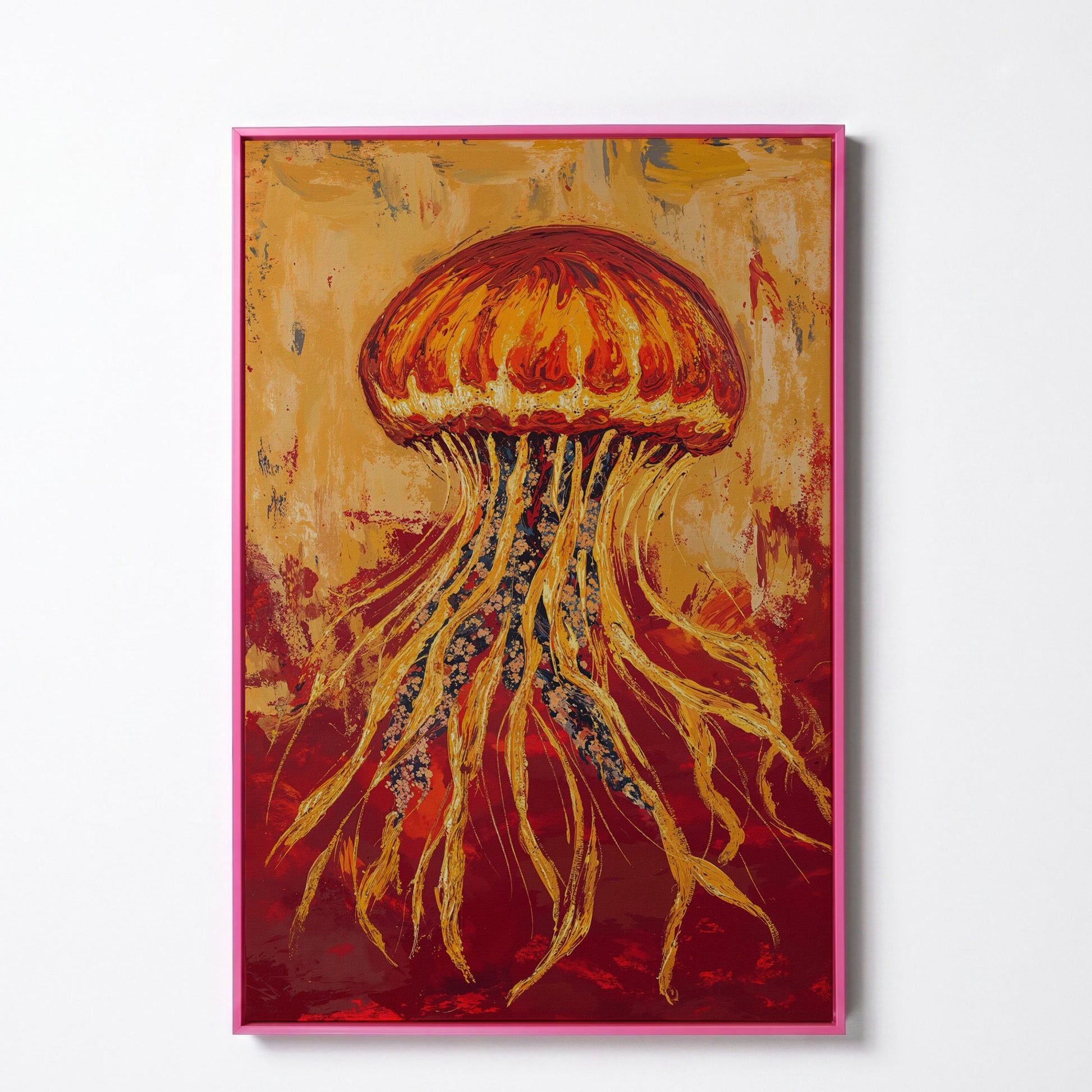 Abstract Jellyfish Canvas Art, Ocean Life Wall Print in pink floating frame